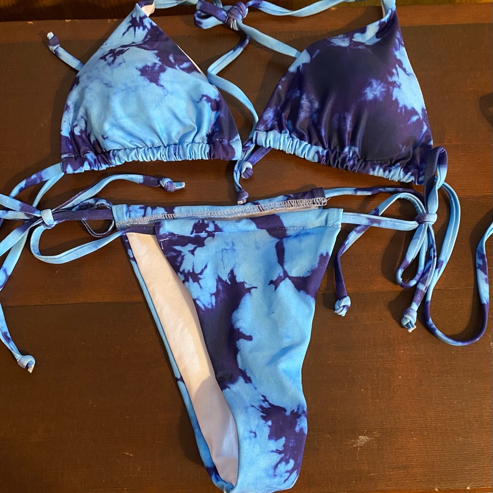 Blue Tie-Dye String Bikini Large Top, Small Bottom